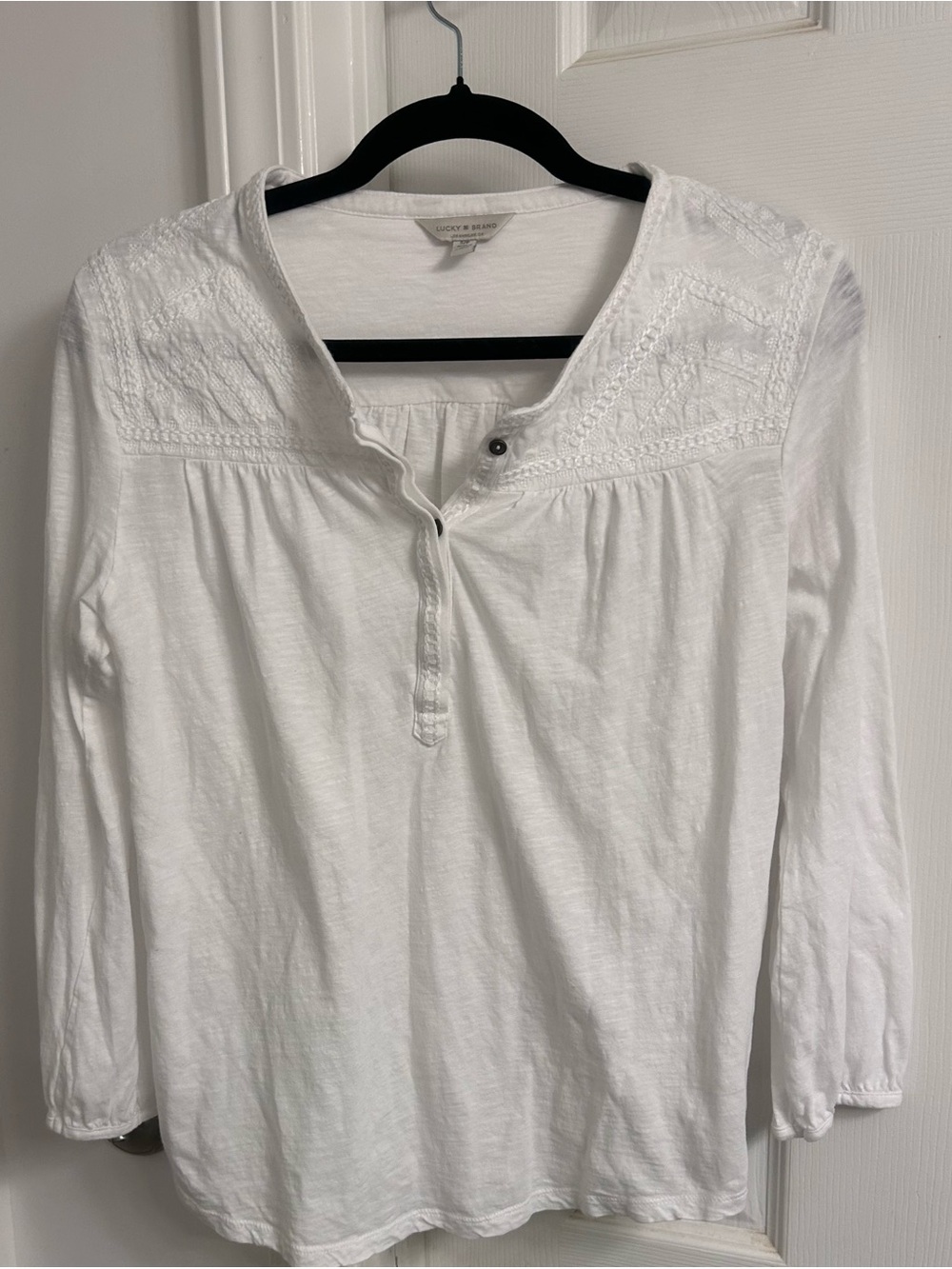 Lucky Brand White Embroidered Long-Sleeve Henley Top